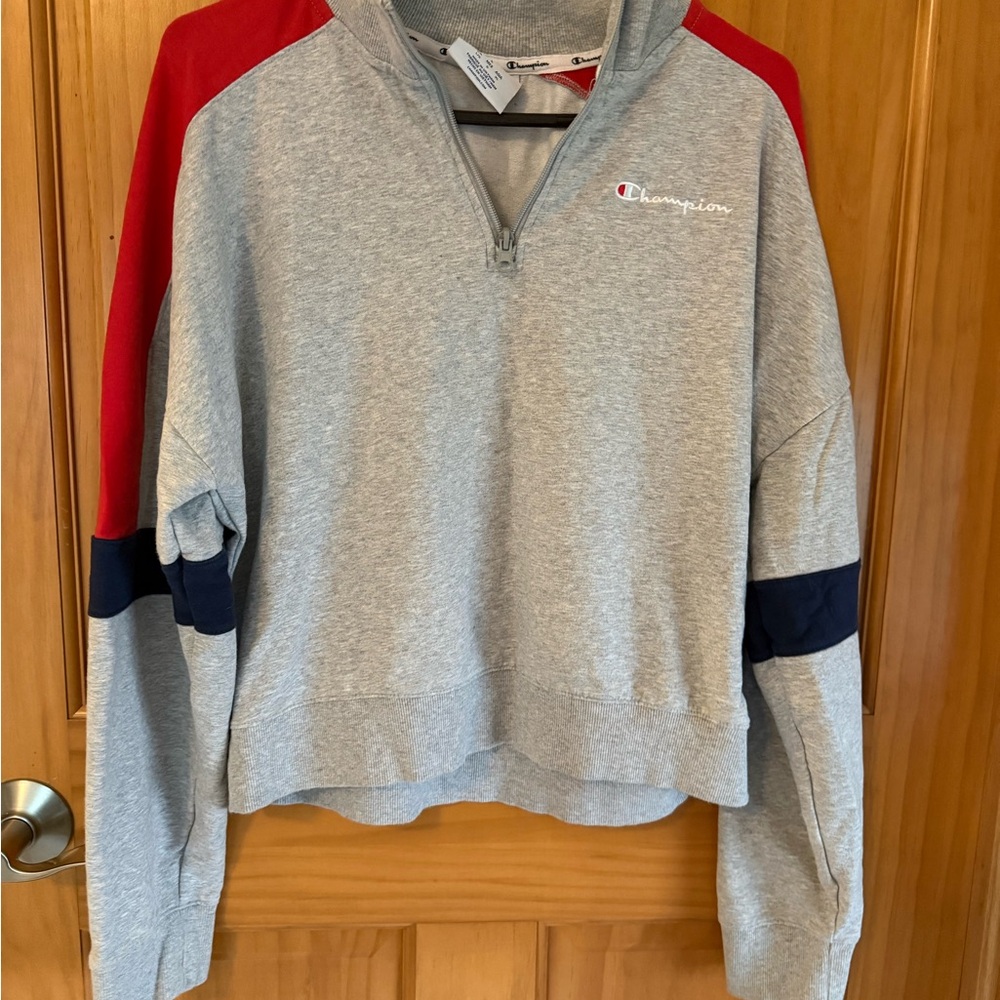 Champion Gray Hoodie with Red and Navy Accents